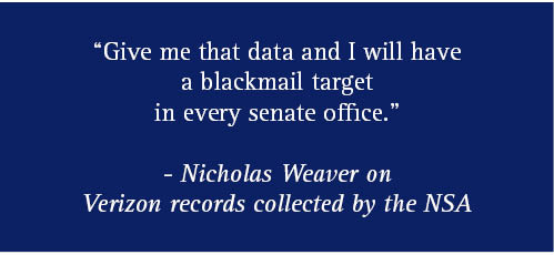 "Give me that data and I will have a blackmail target in every senate office." - Nicholas Weaver on Verizon records collected by the NSA